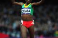 Tirunesh Dibaba (Ethiopia) celebrates after winning the 10,000m women Gold at the London 2012 Olympics / Photo Credit: LOCOG