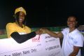 L-R: Passing the Baton - African sprint champion Blessing Okagbare receives a cheque from former African queen, Mary Onyali, at the All-Nigeria Championships in Calabar last year.