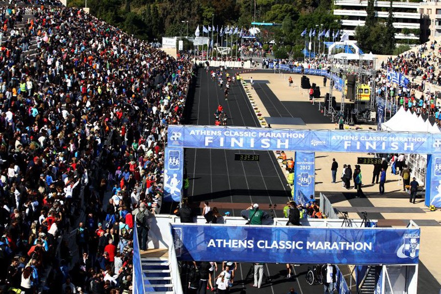The unique finish inside the Panathinaikon Stadium in Athens. Photo credit: Athens Classic Marathon