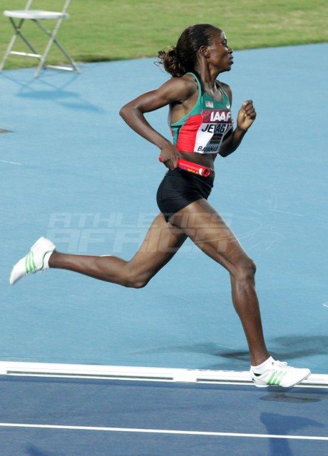 Kenya’s women’s 4x1500m star Irene Jelagat on the way to setting the World Record at Nassau 2014 / Photos credit: Derek Smith