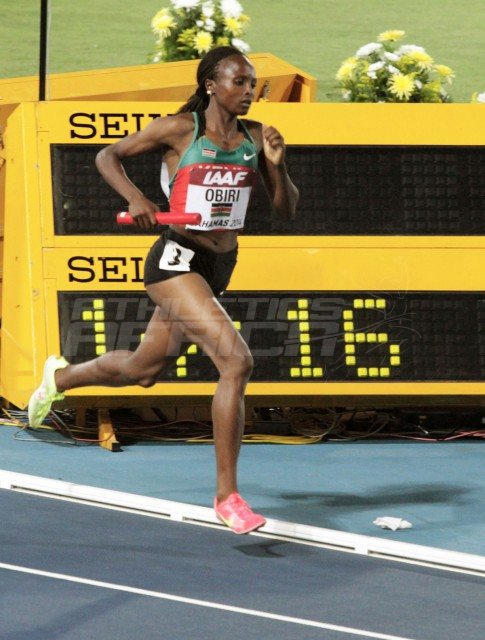 Kenyan women’s 4x1500m star Hellen Obiri on the way to setting the World Record at Nassau 2014 / Photos credit: Derek Smith