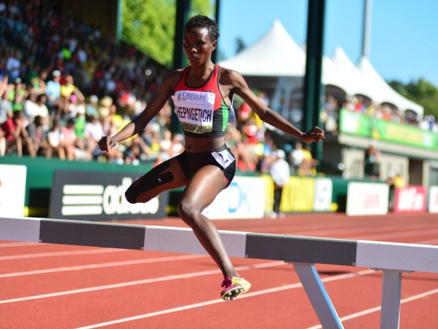 Kenya's Rosefline Chepngetichon her way to a silver medal in the women’s 3000m Steeplechase at the 2014 IAAF World Junior Championships - Oregon 2014 / Photo credit: TrackTown
