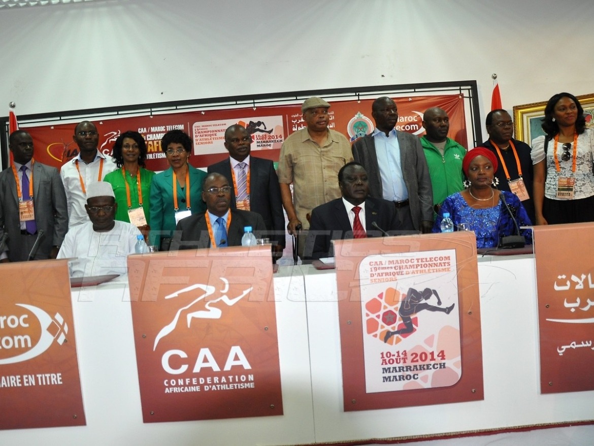 CAA President, Hamad Kalkaba Malboum flanked by Mrs Hauwa-Kulu Akinyemi, Director, Nigerian Sports Commission, CAA Vice President, Theophile Montcho and other dignitaries during the signing ceremony at the Grand Stade de Marrakech/Photo credit: Yomi Omogbeja
