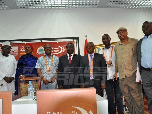 Nigerian delegates led by Mrs Hauwa-Kulu Akinyemi, Director, Sports Planning Research and Documentation, NSC, AFN President Solomon Ogba with the CAA President during the signing ceremony at the Grand Stade de Marrakech/Photo credit: Yomi Omogbeja