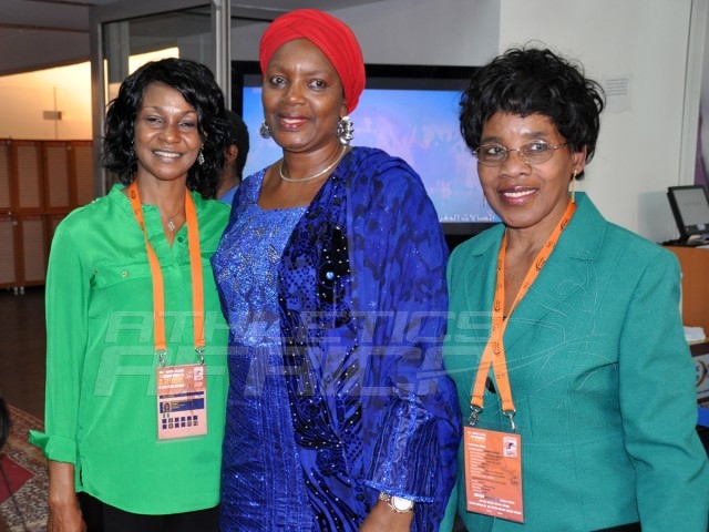 Mrs Hauwa-Kulu Akinyemi, Director, Sports Planning Research and Documentation, NSC, flanked by former African queen of the track, Mary Onyali-Omagbemi and CAA Vice President Violet Odogwu-Nwajei during the signing ceremony at the Grand Stade de Marrakech / Photo credit: Yomi Omogbeja