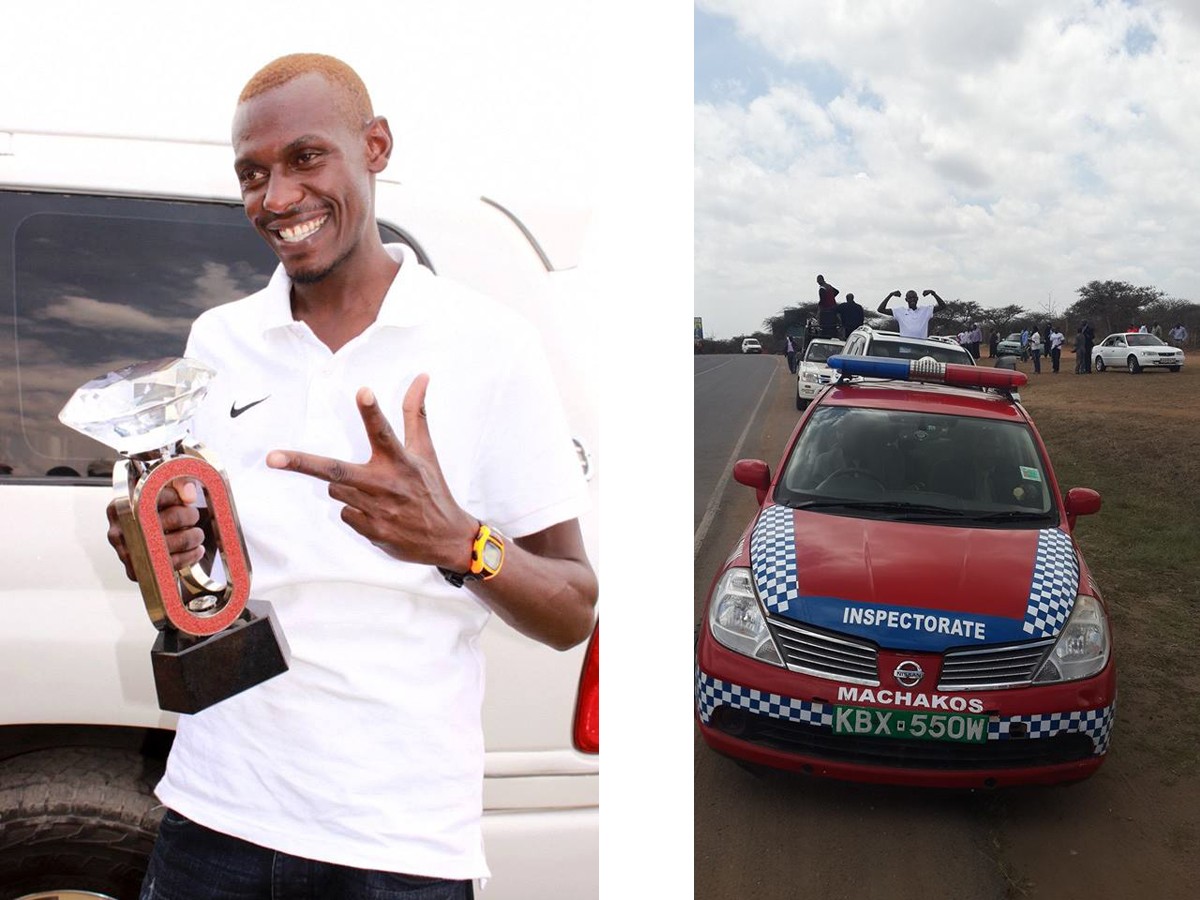 Caleb Mwangangi Ndiku shows off his Diamond Race trophy on his ultimate homecoming welcome party yesterday in Machakos, Kenya.