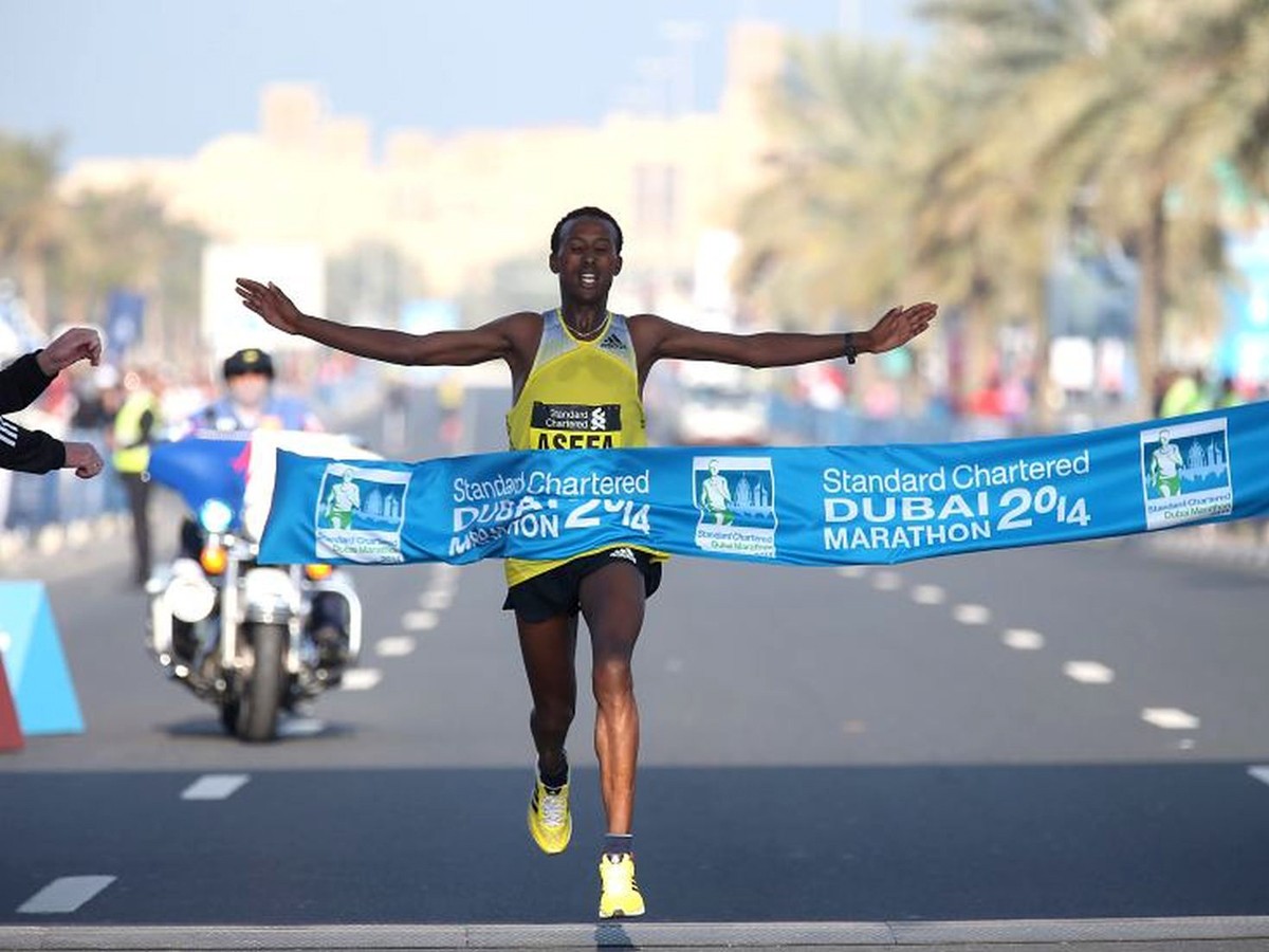 Tsegaye Mekonnen winning the Dubai Marathon in January / Photo credit: Photorun.net