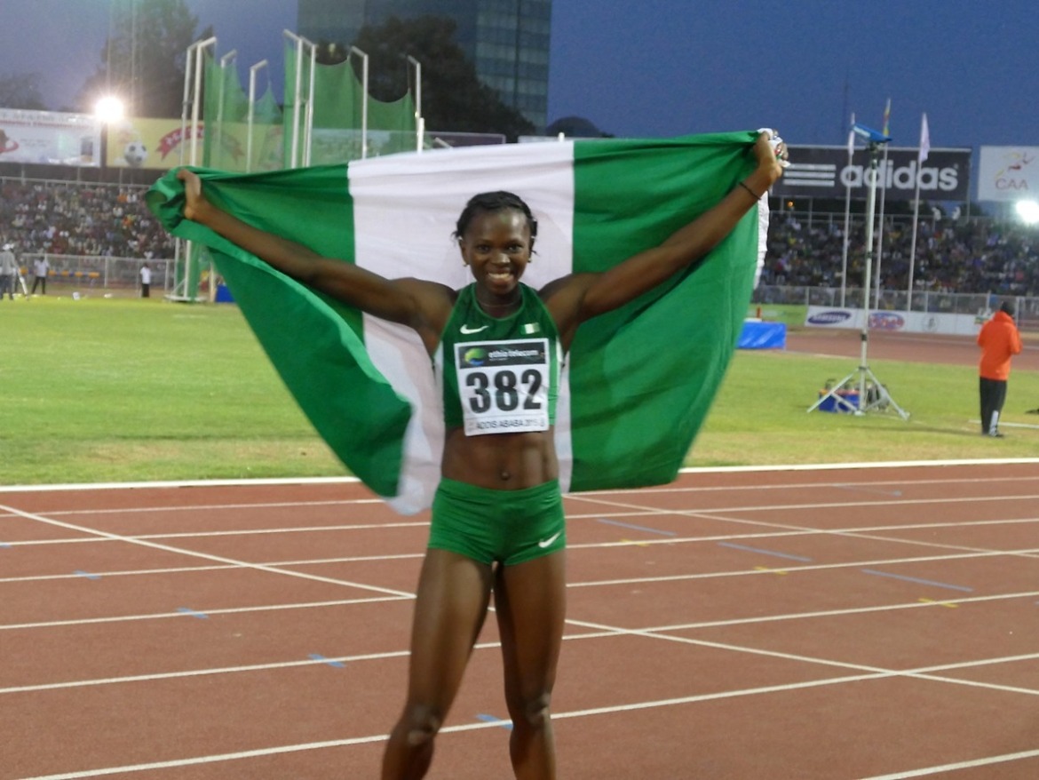 Ese Brume after winning the Long Jump gold at the 2015 African Junior Championships in Addis Ababa / Photo credit: Yemi Olus / MOC