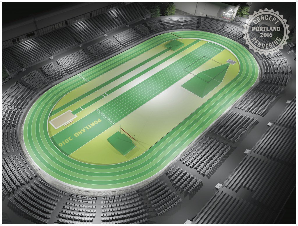 A birds-eye view of what the track and stadium will look like at the Oregon Convention Center in Portland 2016.