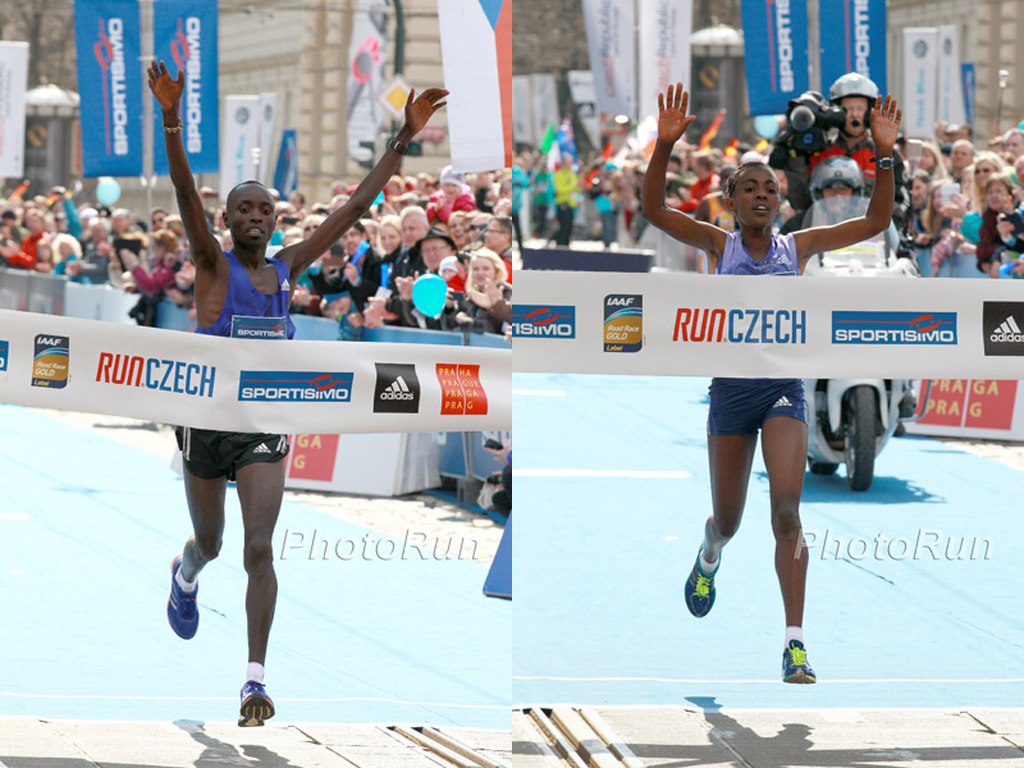 Daniel Wanjiru and Worknesh Degefa winning at the 2015 Sportisimo Prague Half Marathon / Photo Credit: www.photorun.net