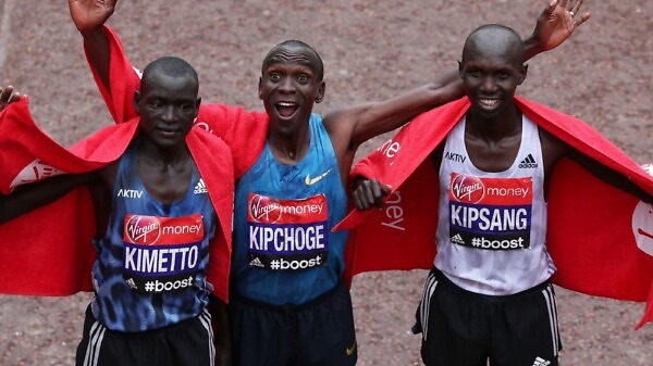 The Kenyan podium at the 35th London marathon