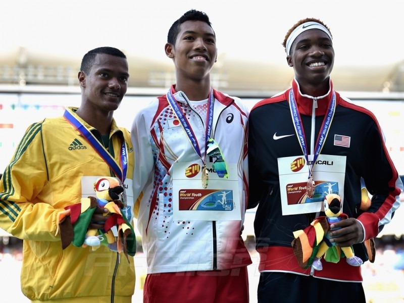 Abdul Hakim Sani Brown of Japan, gold medal, Kyle Appel of South Africa, silver medal, and Josephus Lyles of the USA, bronze medal, celebrate on the podium after   winning the Boys 200m Final on day five of the IAAF World Youth Championships, Cali 2015 on July 19, 2015 in Cali, Colombia. (Photo by Buda Mendes/Getty Images for IAAF)