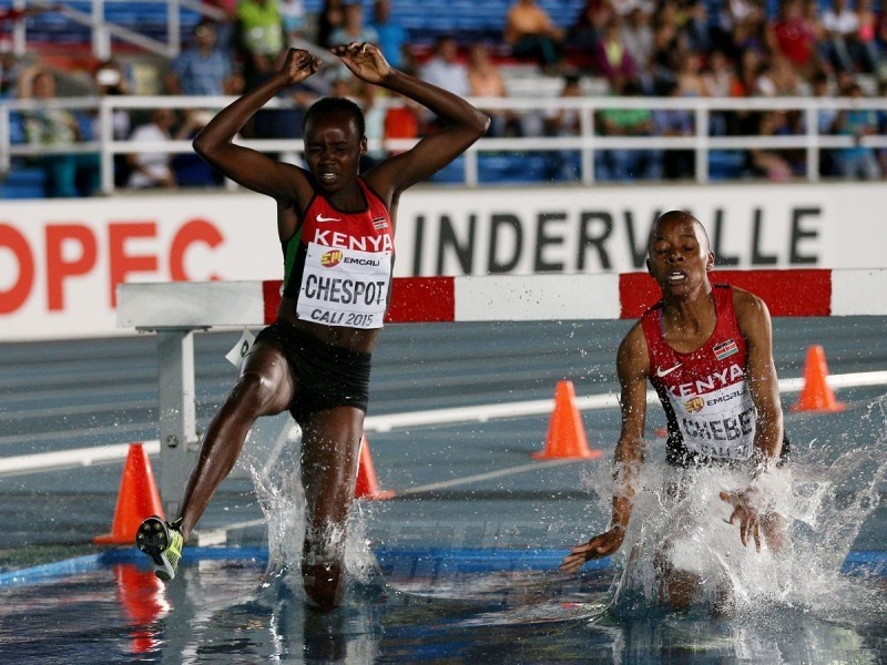 Celliphine Chepteek Chespol and Sandrafelis Chebet Tuei of Kenya in action during the Girls 2000m Steeplechase final on day three of IAAF World Youth Championships, Cali 2015 on July 17, 2015 at the Pascual Guerrero Olympic Stadium in Cali, Colombia. (Photo by Patrick Smith/Getty Images for IAAF)