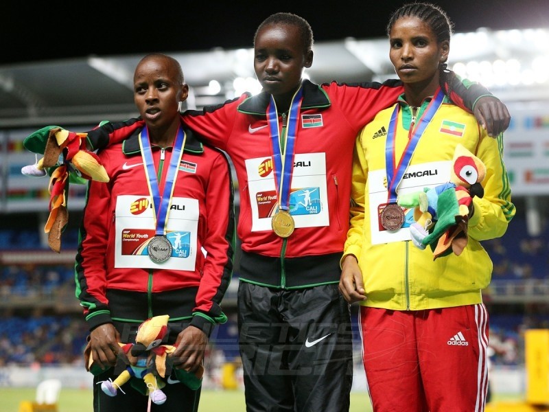 Celliphine Chepteek Chespol of Kenya, gold medal, Sandrafelis Chebet Tuei of Kenya, silver medal, and Agrie Belachew of Ethiopia, bronze medal, celebrate on the podium after the Girls 2000m Steeplechase final on day three of the IAAF World Youth Championships, Cali 2015 on July 17, 2015 in Cali, Colombia. (Photo by Patrick Smith/Getty Images for IAAF)