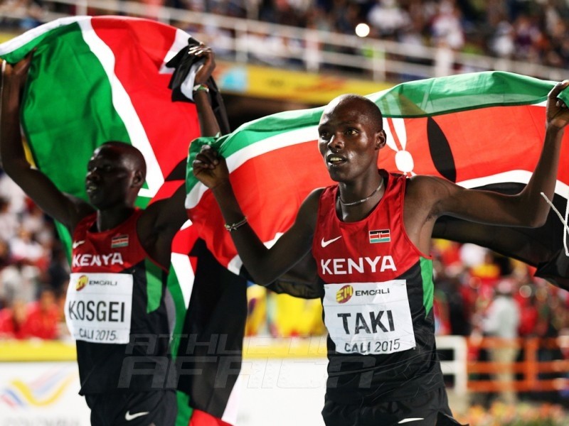 Kumari Taki and Lawi Kosgei of Kenya celebrates after the Boys 1500m Final on day three of the IAAF World Youth Championships, Cali 2015 on July 17, 2015 at the Pascual Guerrero Olympic Stadium in Cali, Colombia. (Photo by Patrick Smith/Getty Images for IAAF)