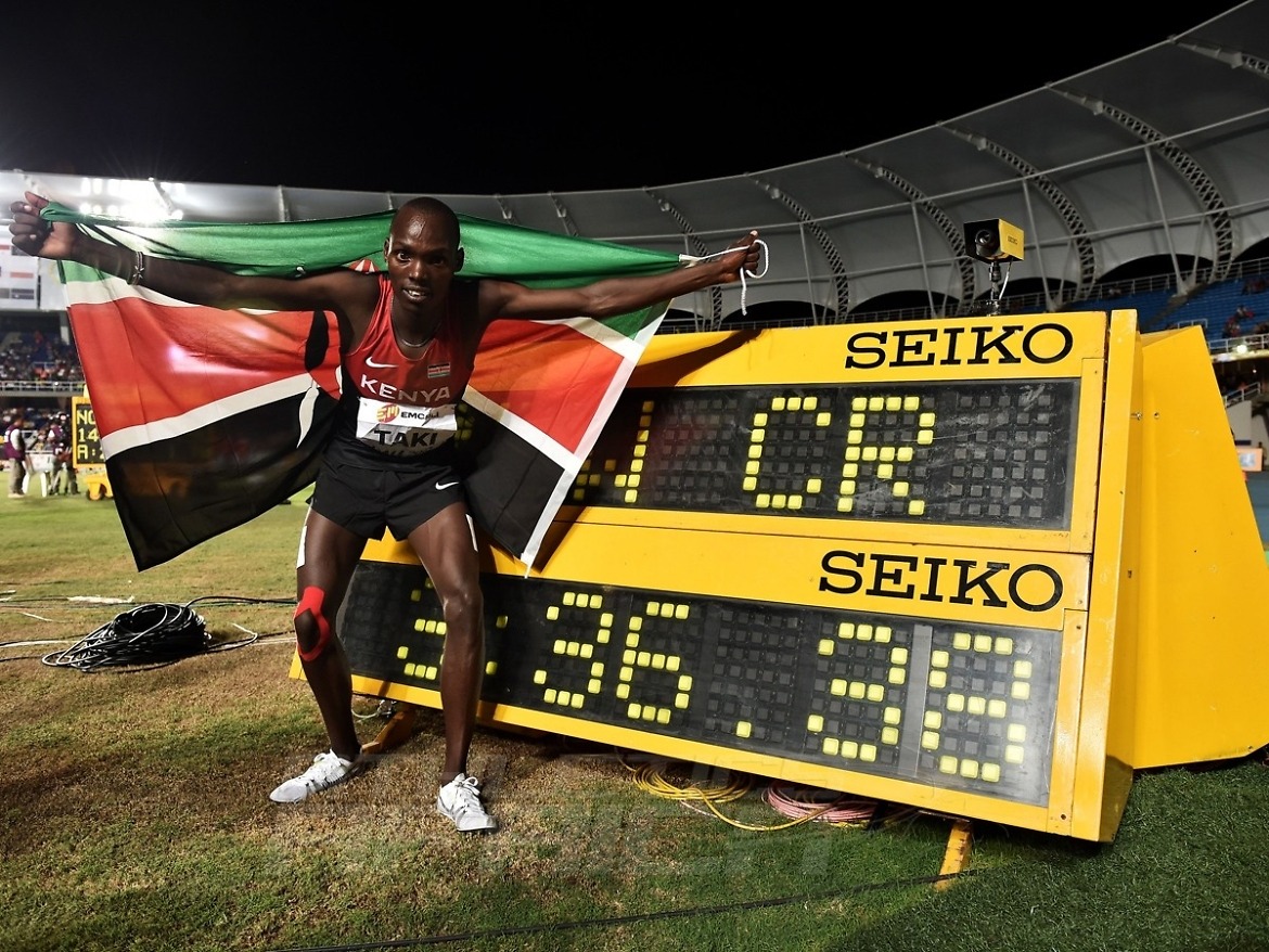 Kumari Taki of Kenya celebrates after winning the Boys 1500 Meters Final on day three of the IAAF World Youth Championships, Cali 2015 on July 17, 2015 at the Pascual Guerrero Olympic Stadium in Cali, Colombia. (Photo by Buda Mendes/Getty Images for IAAF)