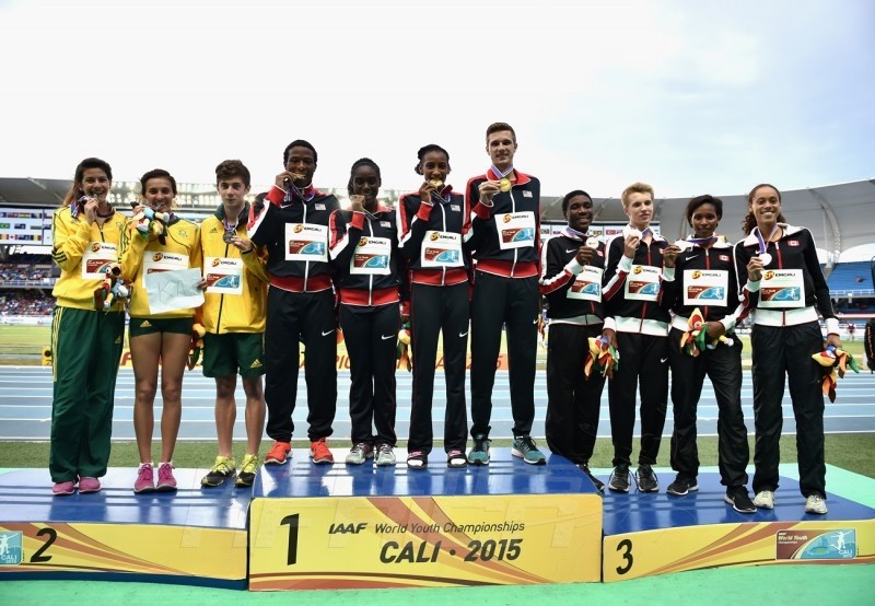 USA, South Africa and Canada celebrate on the podium after the Mixed 4x400m Relay on day five of the IAAF World Youth Championships, Cali 2015 on July 19, 2015 in Cali, Colombia. (Photo by Buda Mendes/Getty Images for IAAF)