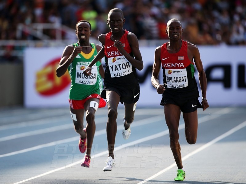 Richard Yator Kimunyan of Kenya, Davis Kiplangat of Kenya and Tefera Mosisa of Ethiopia in action during the mens 3000m Final on day five of the IAAF World Youth Championships, Cali 2015 on July 19, 2015 in Cali, Colombia. (Photo by Patrick Smith/Getty Images for IAAF)