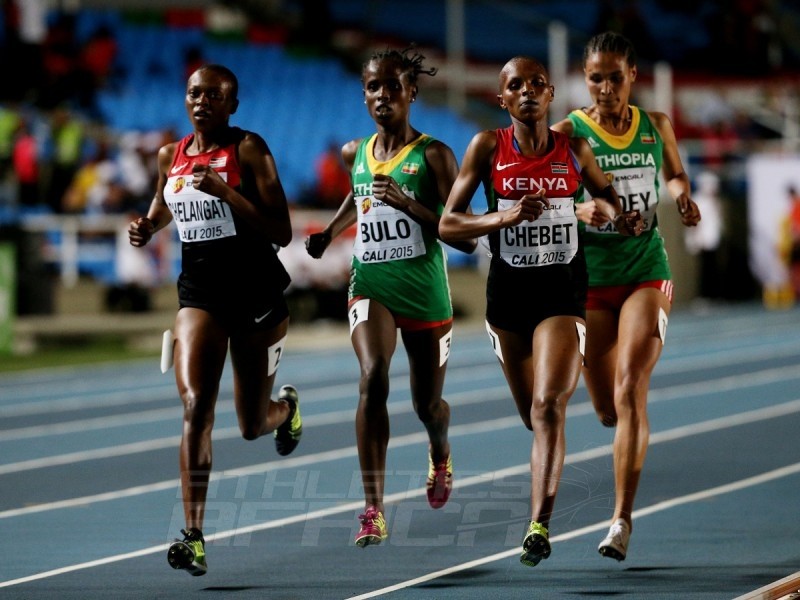Shuru Bulo of Ethiopia, gold medal, Emily Chebet Kipchumba of Kenya, silver medal, and Sheila Chelangat of Kenya, bronze medal, in action during the Girls 3000m Final on day one of the IAAF World Youth Championships, Cali 2015 on July 15, 2015 at the Pascual Guerrero Olympic Stadium in Cali, Colombia. (Photo by Patrick Smith/Getty Images for IAAF)