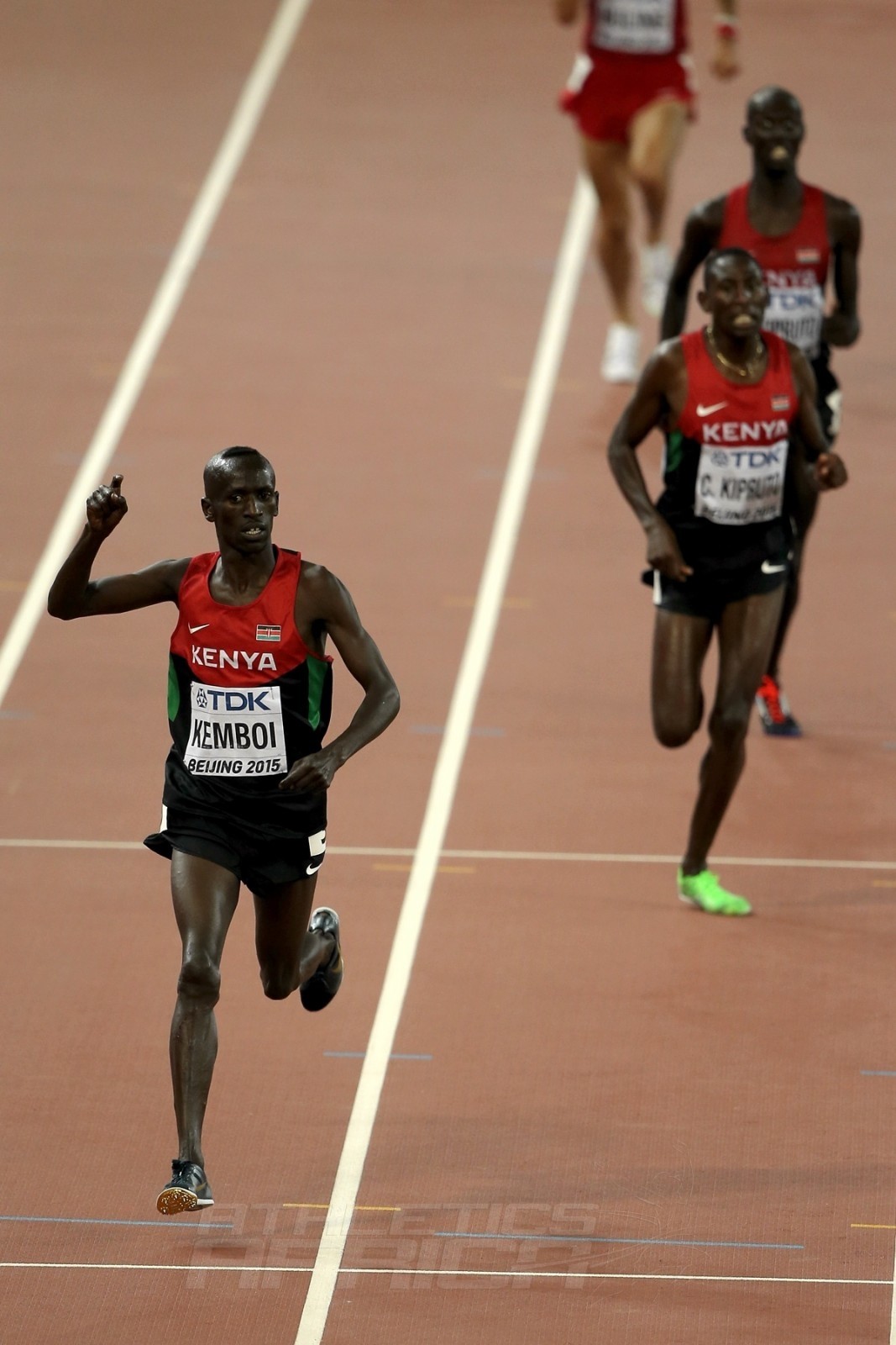 Ezekiel Kemboi of Kenya crosses the finish line to win gold in the Men's 3000 metres steeplechase final during day three of the 15th IAAF World Athletics Championships Beijing 2015 at Beijing National Stadium on August 24, 2015 in Beijing, China. (Photo by Lintao Zhang/Getty Images for IAAF)