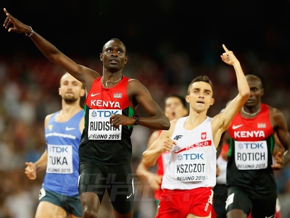 davidrudisha-fergusonrotich-800mfinal-beijing2015 David Rudisha of Kenya winning men's 800m final on Day 4 at the 2015 IAAF World Championships in Beijing, China / Photo credit: Getty Images for the IAAF