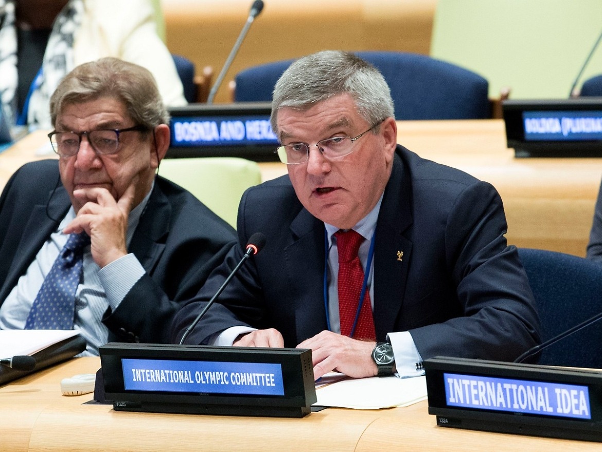 IOC President Thomas Bach speaking at the UN Assembly in New York on Saturday 26 September 2015 / Photo: IOC Media