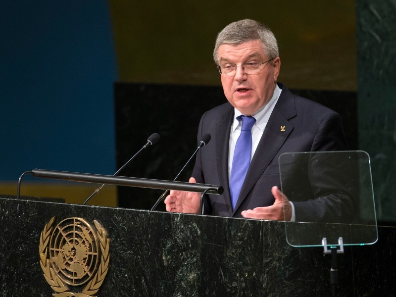 IOC President Thomas Bach speaking at the UN Assembly in New York on Saturday 26 September 2015 / Photo: IOC Media