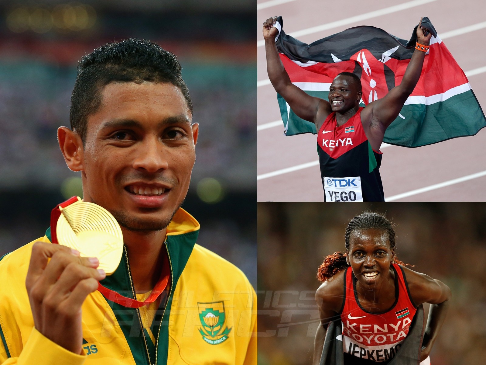Julius Yego, Wayde van Niekerk and Hyvin Kiyeng on day 5 at the 2015 IAAF World Championships in Beijing, China / Getty Images for the IAAF