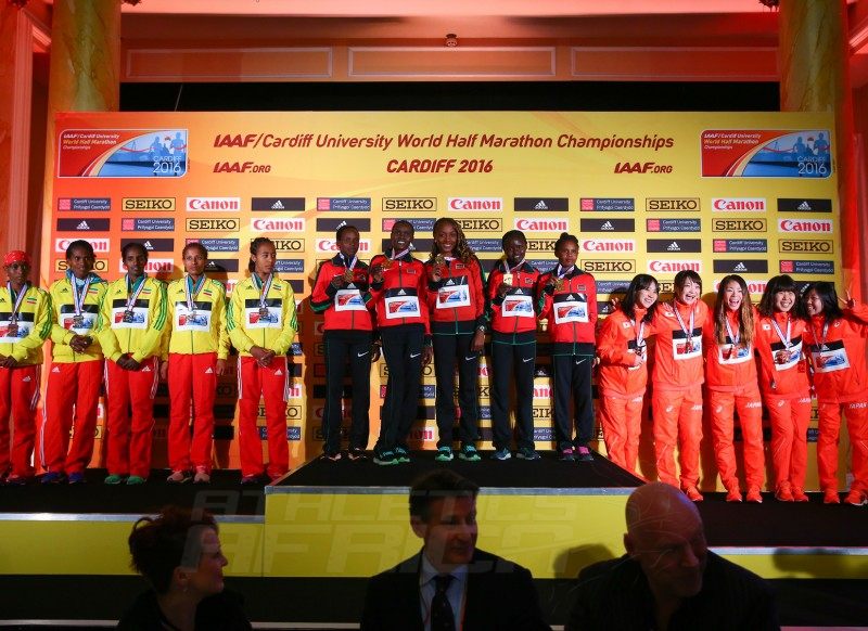 Women's team medallists during the IAAF/Cardiff University World Half Marathon Championships on March 26, 2016 in Cardiff, Wales (Photo by Jordan Mansfield/Getty Images for IAAF)