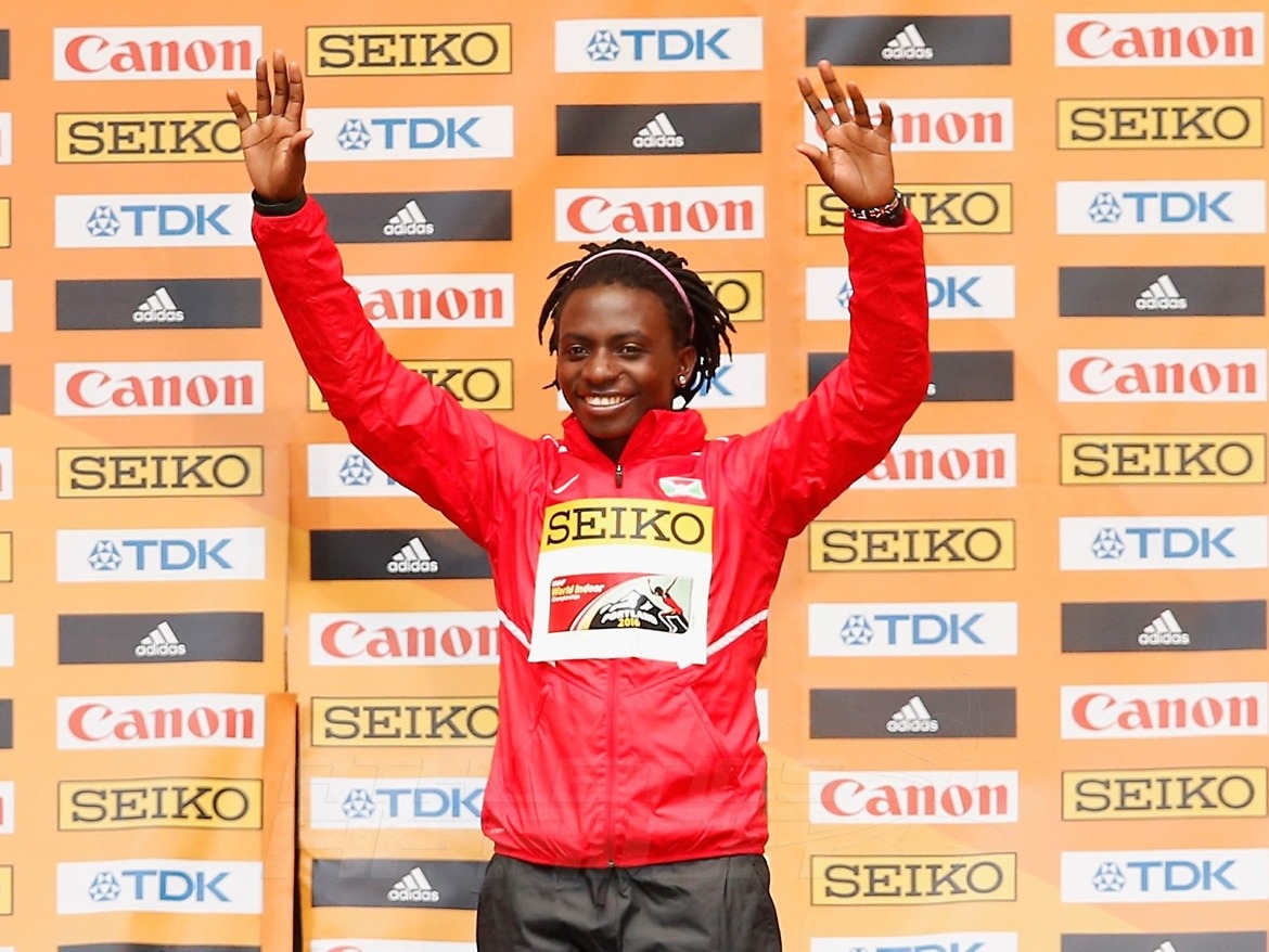 Gold medallist Francine Niyonsaba of Burundi and Margaret Nyairera Wambui during the medal ceremony for the Women's 800 Metres during day four of the IAAF World Indoor Championships at Pioneer Courthouse Squareon March 20, 2016 in Portland, Oregon. (Photo by Christian Petersen/Getty Images for IAAF)