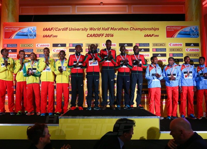 Men's team medallists during the IAAF/Cardiff University World Half Marathon Championships on March 26, 2016 in Cardiff, Wales (Photo by Jordan Mansfield/Getty Images for IAAF)