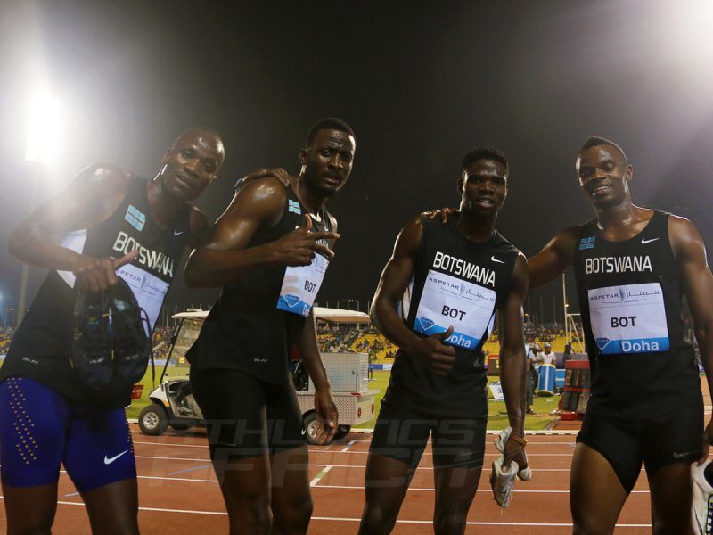 Botswana's quartet (Baboloki Thebe, Nijel Amos, Zacharia Kamberuka and Leaname Maotoanong) after winning men's 4x400m in Doha - IAAF Diamond League 2016 / Photo Credit: Angelos Zymaras / IDL Doha