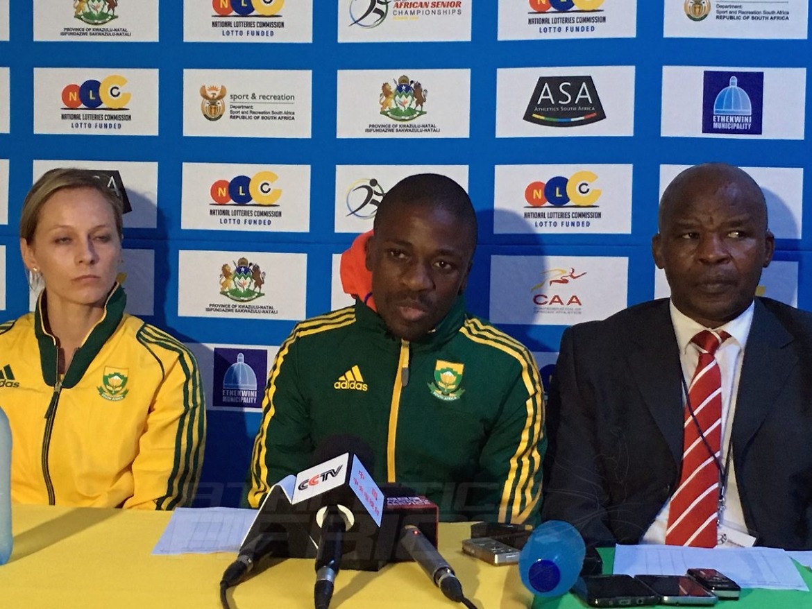 South Africans Claudia Heunis, Stephen Mokoka and ASA President Aleck Skhosana at the 20th African Senior Athletics Championships – Durban 2016 / Photo: Yomi Omogbeja