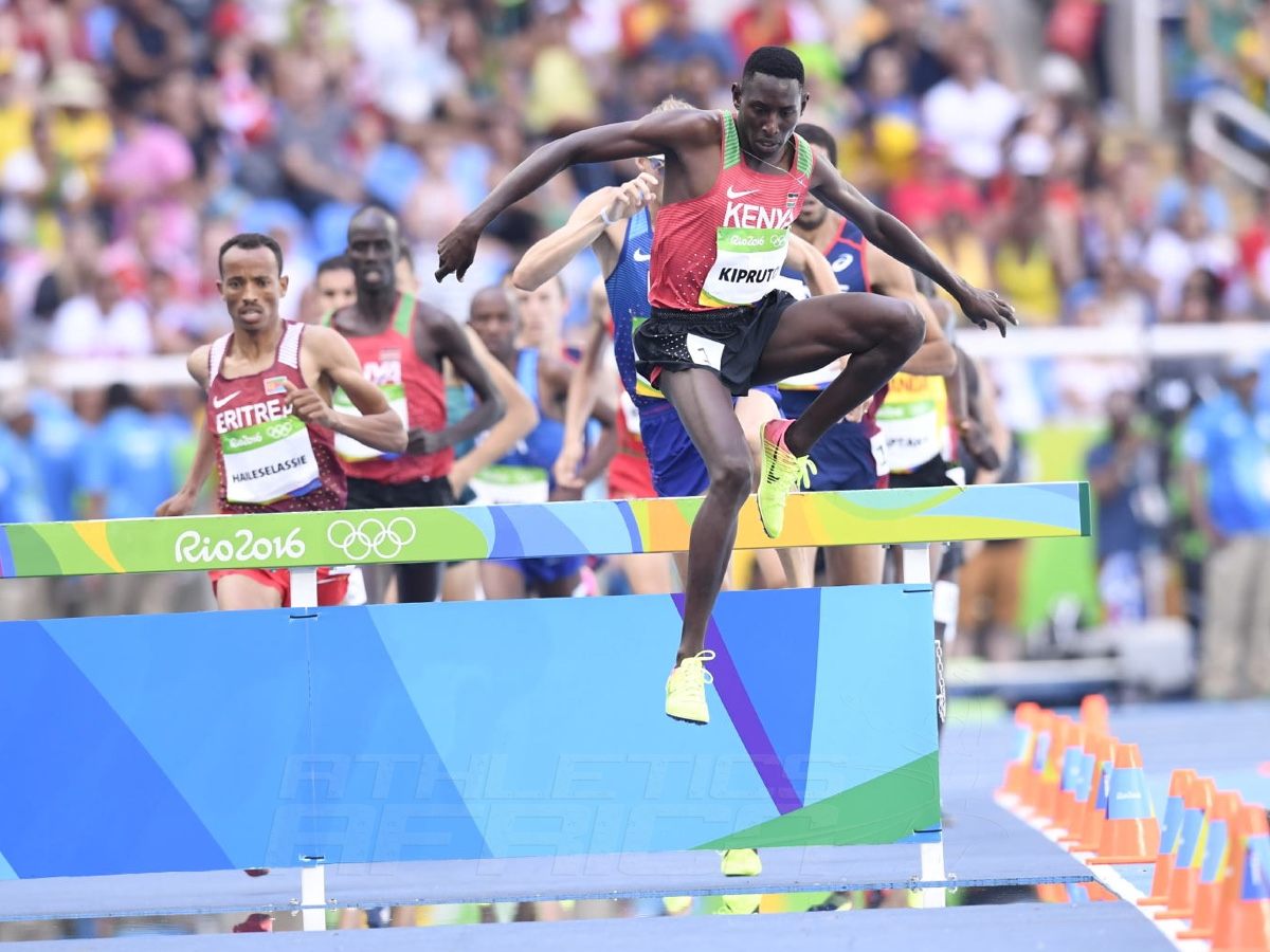 Conseslus Kipruto of Kenya on his way to winning the men's 3000m Steeplechase Final on day 6 of Athletics competition at the Rio 2016 Olympics / Photo credit: Norman Katende