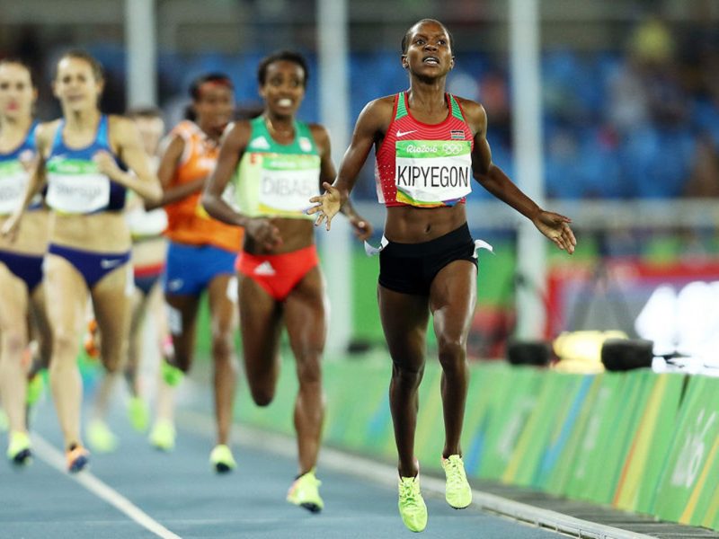 Faith Kipyegon won the women’s Olympic 1500 m gold ahead of Ethiopia’s Genzebe Dibaba on day 5 of athletics at Rio 2016 / Photo credit: Getty Images