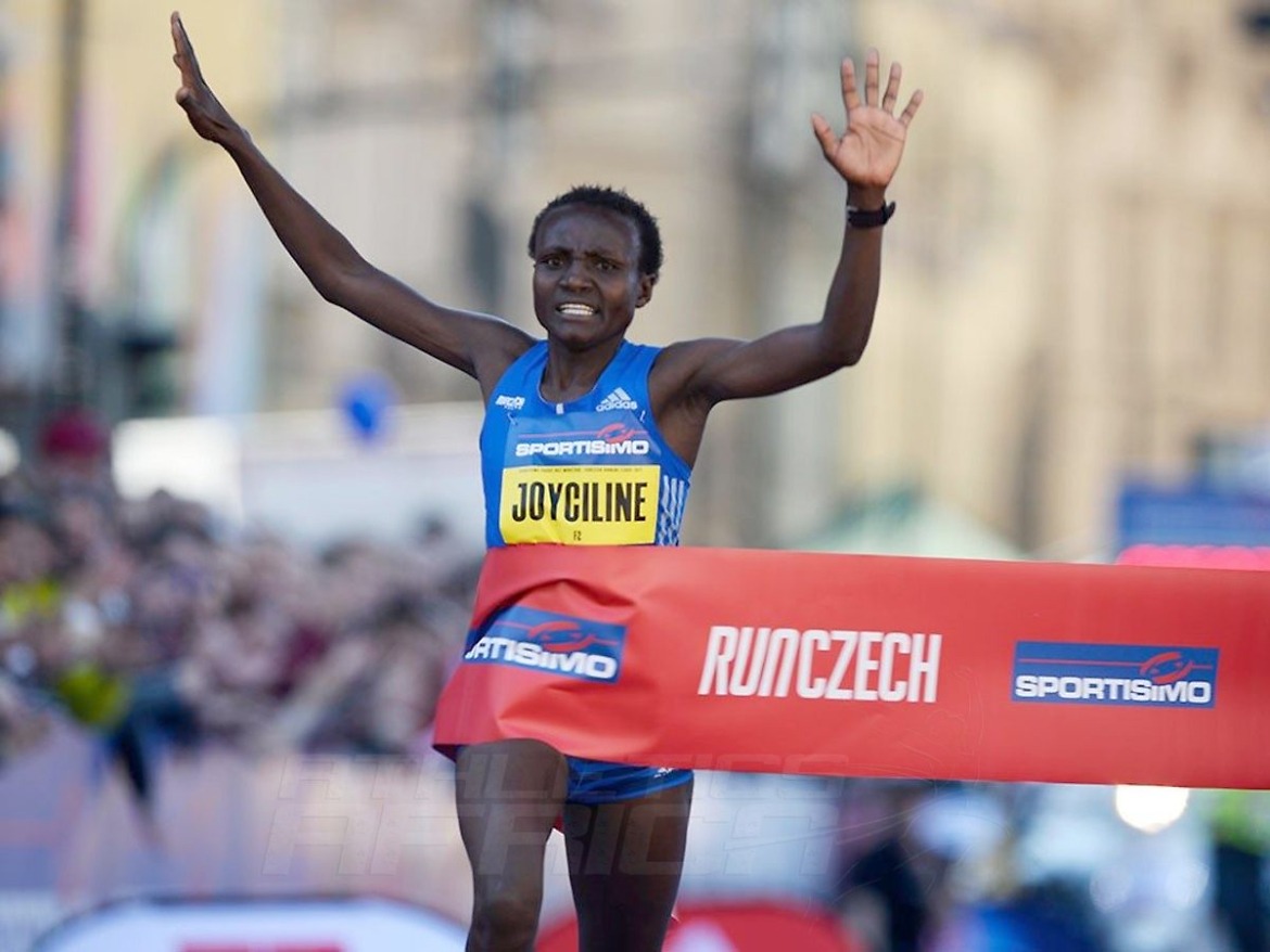 Kenya’s Joyciline Jepkosgei winning after setting four world records at the 2017 Sportisimo Prague Half Marathon / Photo Credit: Organisers/Jiro M.