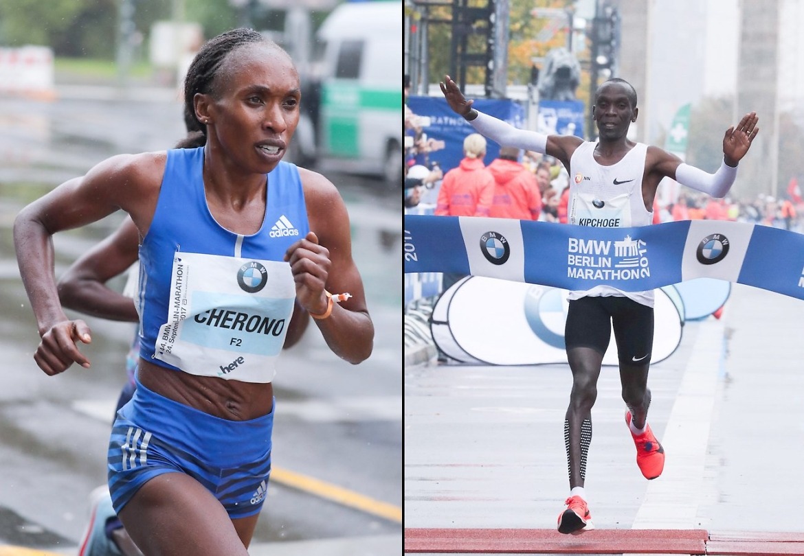 BMW Berlin Marathon 2017 race winners Eliud Kipchoge and Gladys Cherono/ Photo credit: SCC Events / Victah Sailer