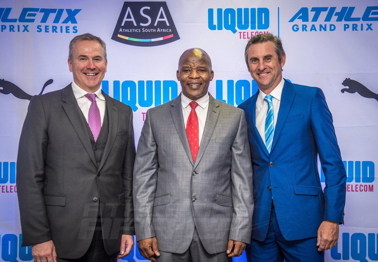 (from left to right): Kyle Whitehall (Liquid Telecom South Africa Chief Executive Officer), Aleck Skhosana (the president of Athletics South Africa) and Michael Meyer (Managing Director of Stillwater Sports). Photo Credit: Tobias Ginsberg