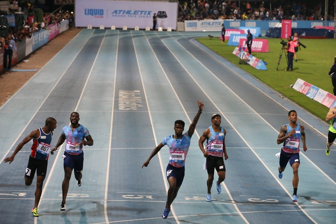Anaso Jobodwana celebrates as he claims one of his biggest victories of his career ahead of Roscoe Engel, Luxolo Adams and Justin Gatlin. Photo Credit: Roger Sedres
