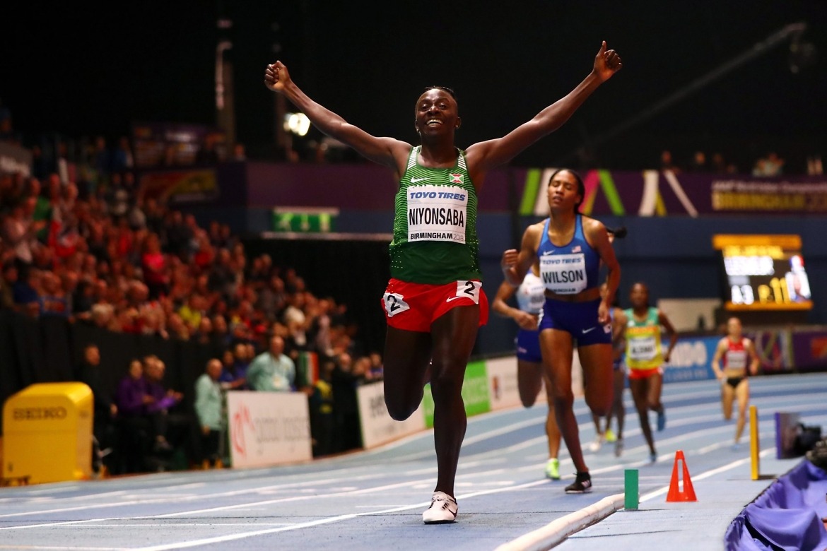 Gold Medallist, Francine Niyonsaba of Burundi celebrates winning the Womens 800 Metres Final during the IAAF World Indoor Championships on Day Four at Arena Birmingham on March 4, 2018 in Birmingham, England. (Photo by Michael Steele/Getty Images for IAAF)