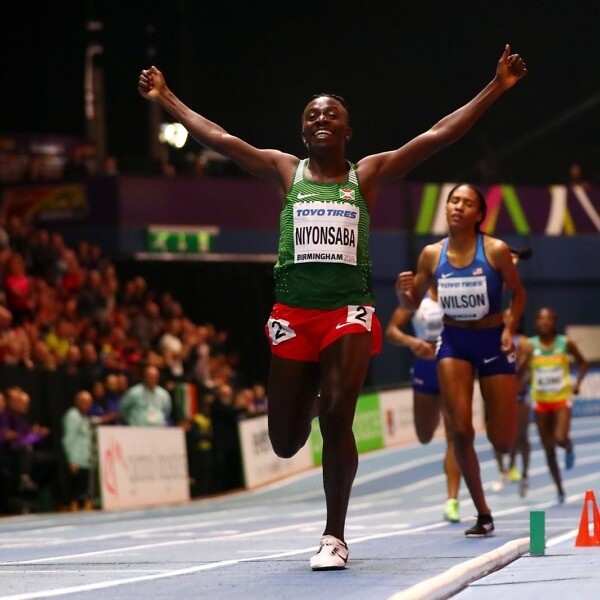 Gold Medallist, Francine Niyonsaba of Burundi celebrates winning the Womens 800 Metres Final during the IAAF World Indoor Championships on Day Four at Arena Birmingham on March 4, 2018 in Birmingham, England. (Photo by Michael Steele/Getty Images for IAAF)