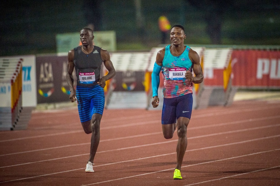 Mame-Ibra Anne and Isaac Makwala during the 400m men’s race at the inaugural Liquid Telecom Athletix Grand Prix Series Meeting at Ruimsig Stadium on Thursday, 01 March 2018. Photo Credit: Tobias Ginsberg
