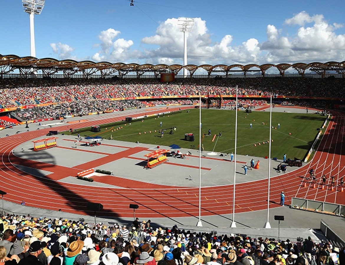 Spectators watching Athletics at the Gold Coast 2018 Commonwealth Games venue - the Carrara Stadium.