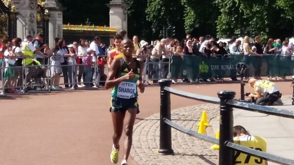 South Africa's Lebogang Shange racing past Buckingham Palace at the IAAF World Championships in London, England. Photo credit: ASA
