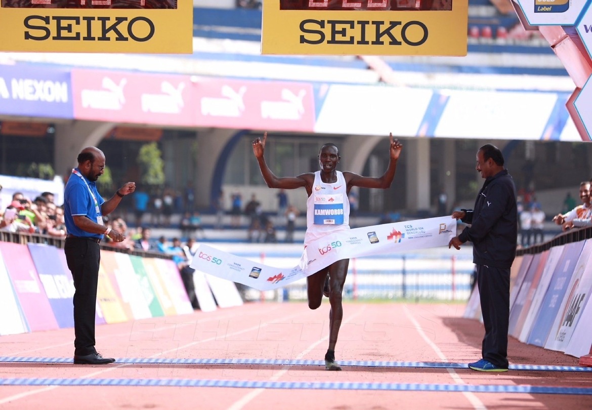 Kenya's Geoffrey Kamworor winning the TCS World 10K Bengaluru 2018 Photo credit: Procam International