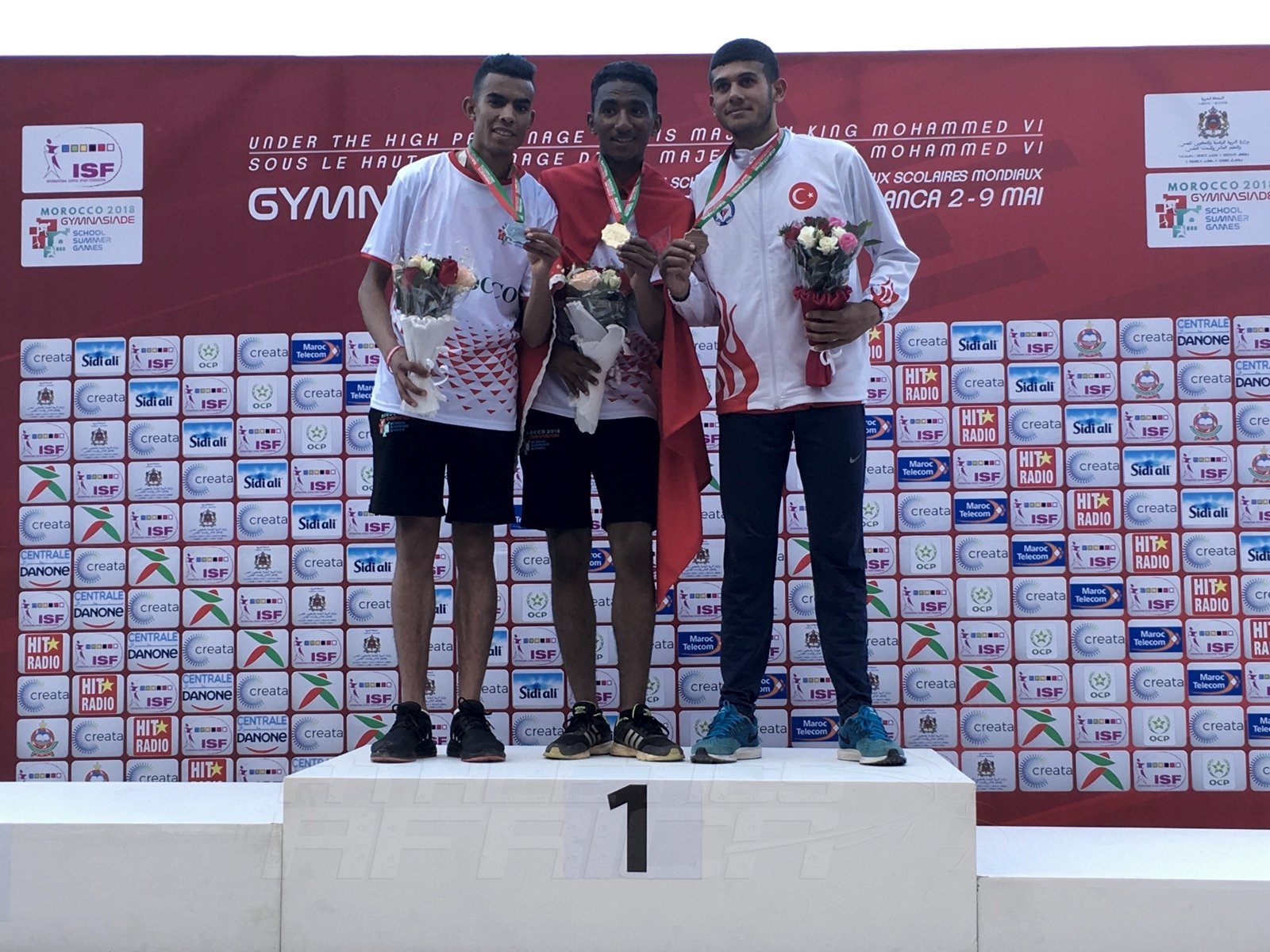 Morocco's Chahid Hamza won the Boys 3000m gold medal ahead of his teammate Hmirouch Zakariyaa and Turkey's Demir Tarik at Gymnasiade 2018. / Photo Credit: Yomi Omogbeja