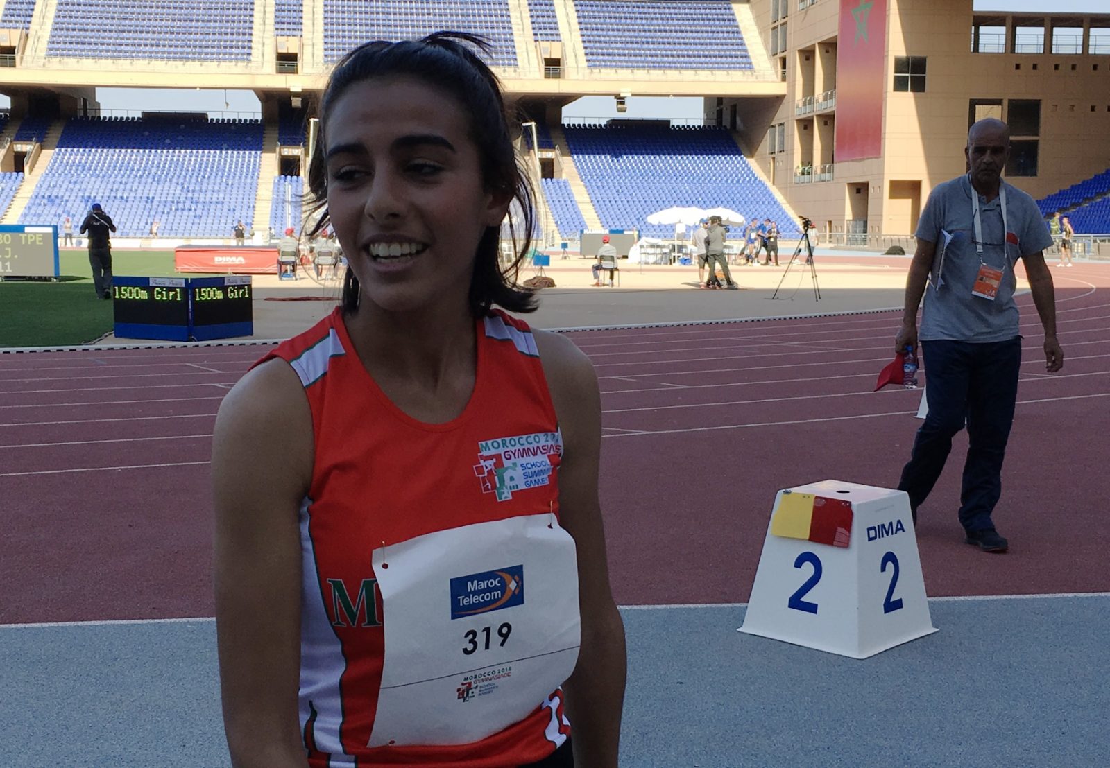 Morocco's Yassmine Bidkane all smiles after winning the Girls 1500m at the Gymnasiade 2018 in Marrakech / Photo Credit: Yomi Omogbeja