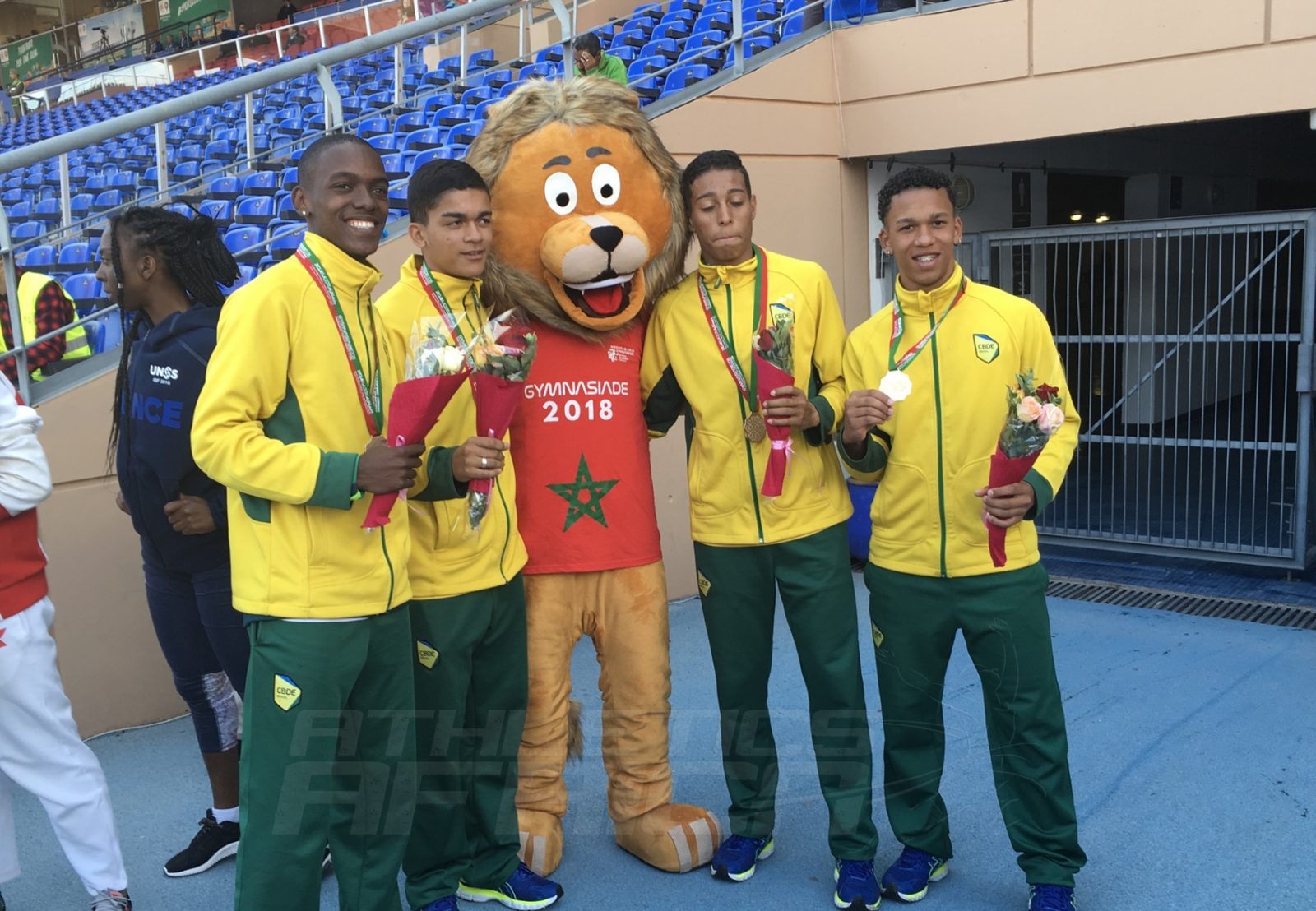 The Brazilian team after the Boys 4x100m relays medal presentation at Gymnasiade 2018 in Marrakech / Photo Credit: Yomi Omogbeja