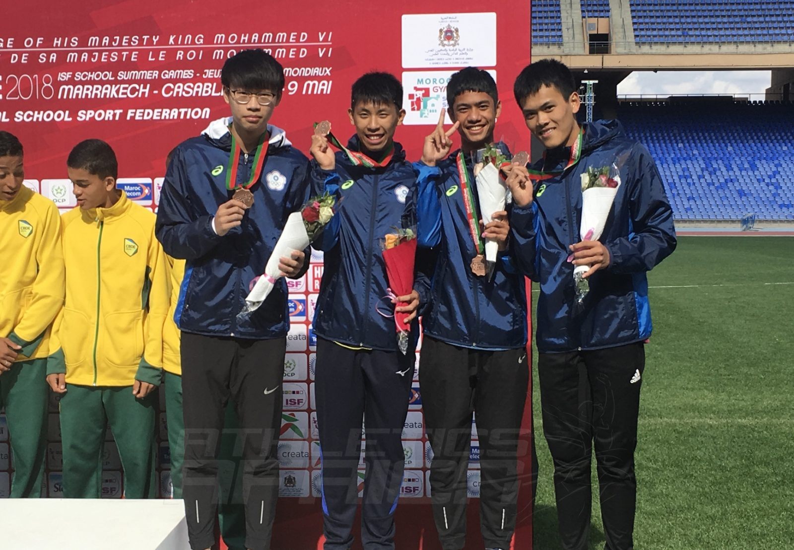 The Chinese Taipei quartet after the Boys 4x100m medal presentation at Gymnasiade 2018 in Marrakech / Photo Credit: Yomi Omogbeja