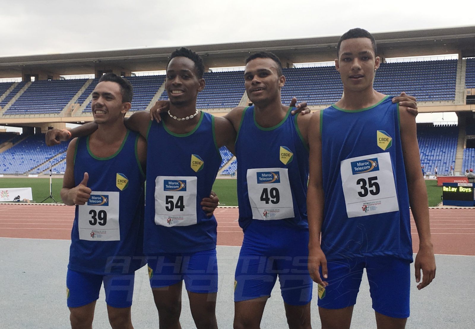 The Brazilian team after the Boys 4x400m relays medal presentation at Gymnasiade 2018 in Marrakech / Photo Credit: Yomi Omogbeja